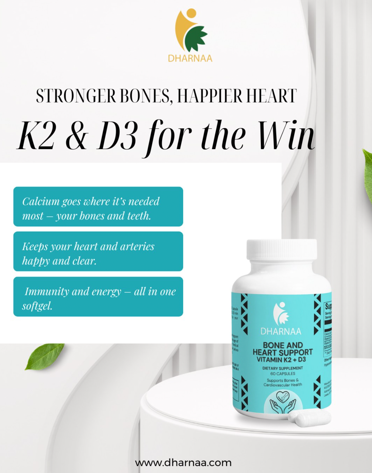Vitamin K2 + D3 Supplement – Supports Bone & Heart Health – High-Potency MK-7 for Calcium Absorption – Non-GMO, Vegan, Third-Party Tested, 60 count