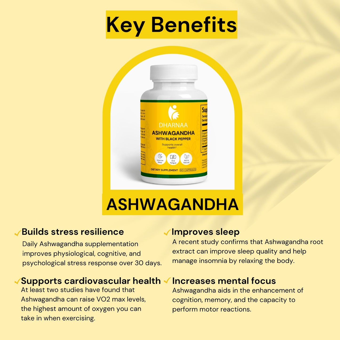 Ashwagandha – High-Potency Organic Root Powder & Extract – Stress Relief, Cortisol Support & Energy Booster – Adaptogen for Mood & Sleep – Non-GMO, Vegan,60 count