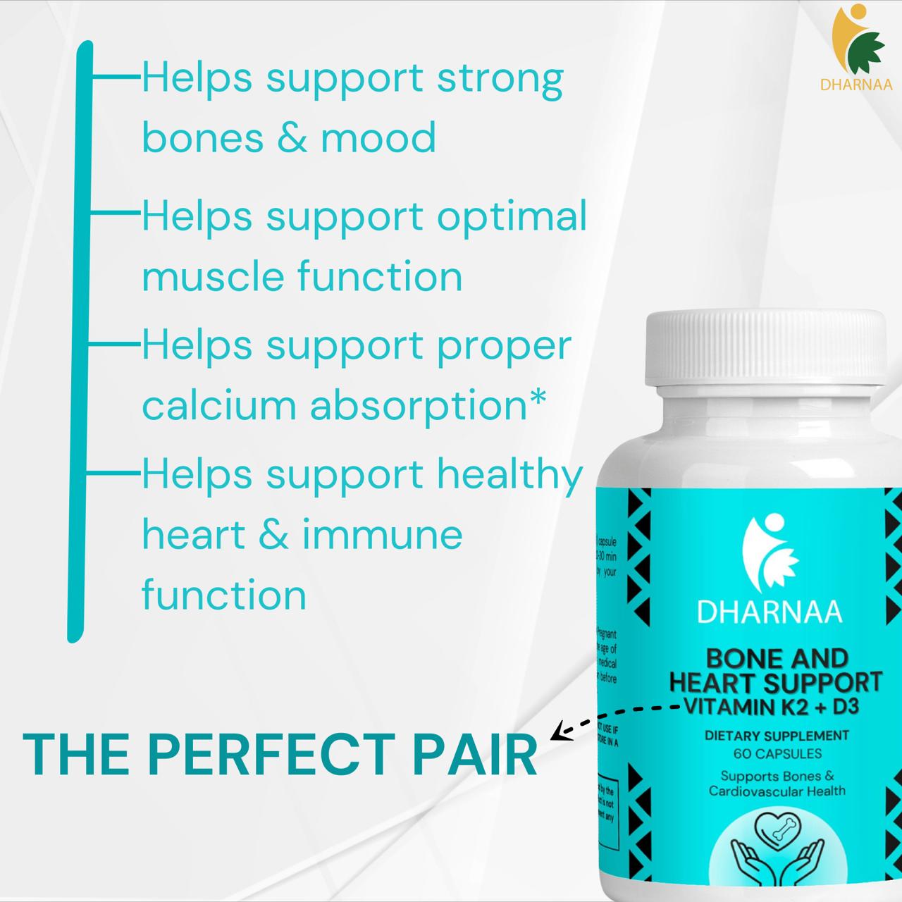 Vitamin K2 + D3 Supplement – Supports Bone & Heart Health – High-Potency MK-7 for Calcium Absorption – Non-GMO, Vegan, Third-Party Tested, 60 count