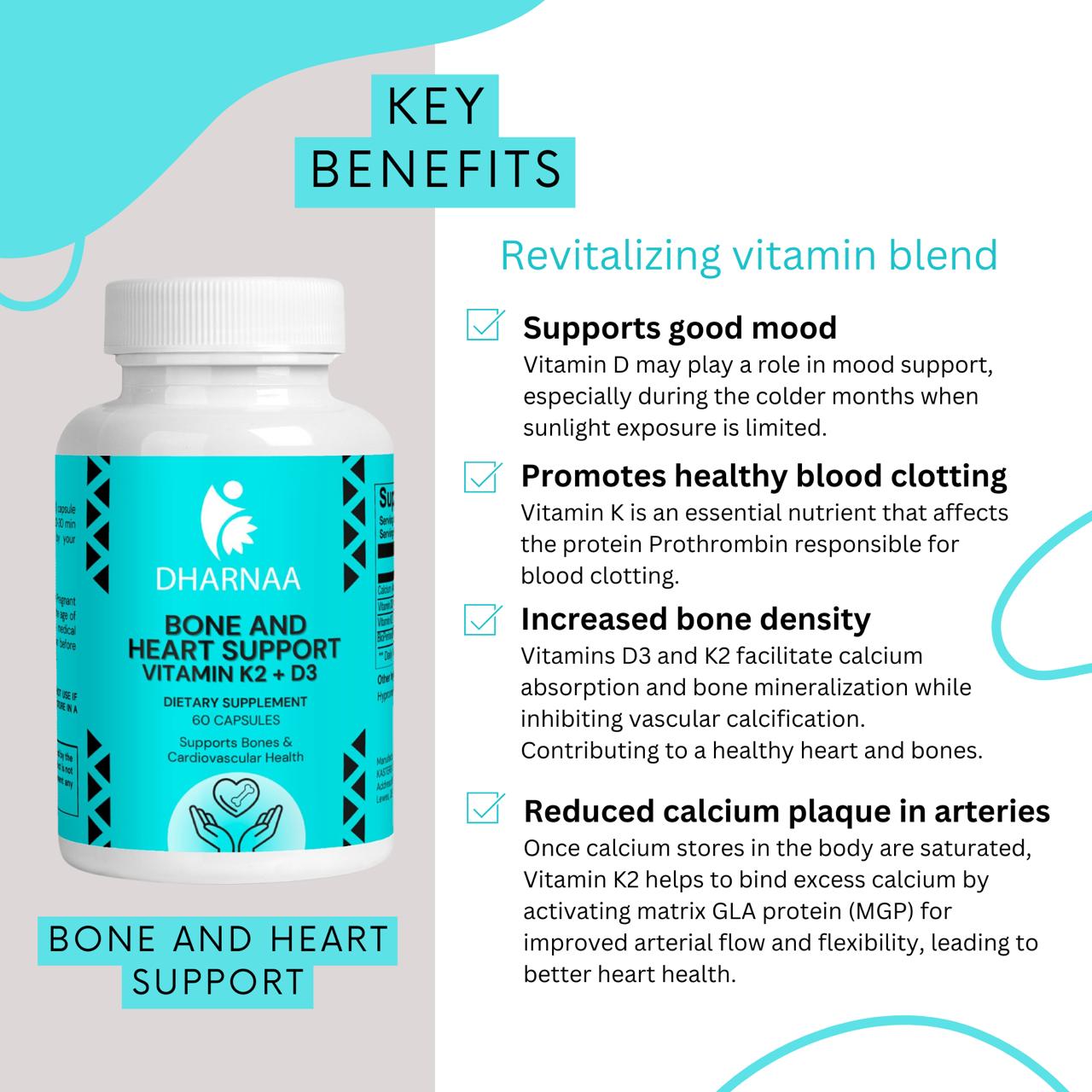 Vitamin K2 + D3 Supplement – Supports Bone & Heart Health – High-Potency MK-7 for Calcium Absorption – Non-GMO, Vegan, Third-Party Tested, 60 count