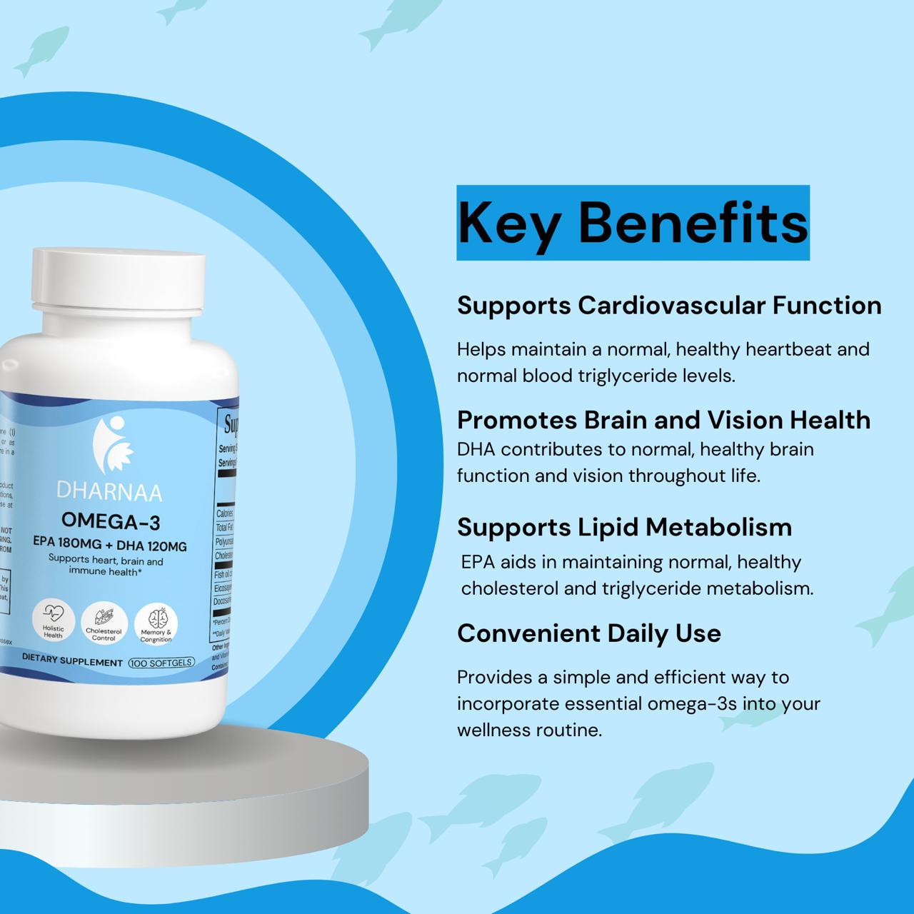 Omega-3 Fish Oil 1000mg – High-Potency EPA 180mg & DHA 120mg – Supports Heart, Brain & Joint Health – Burpless, Non-GMO, Mercury-Free Softgels, 100 counts