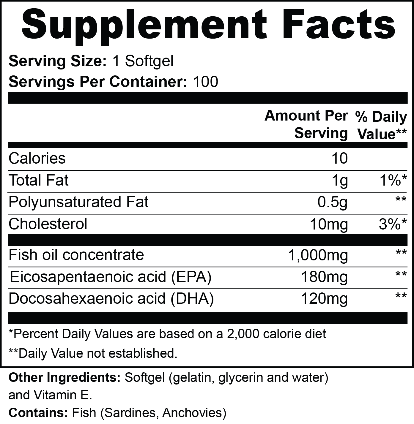 Omega-3 1000mg Fish Oil, EPA 180mg + DHA 120mg